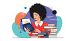 © SMSharif - An illustration of a woman with afro hair reading a book, surrounded by abstract shapes and stacks of books.