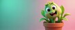 © Viktor - Smiling potted plant character on colorful background. Cute cartoon flora with happy expression in flowerpot. Cheerful indoor houseplant illustration ideal for children design, eco theme. Green
