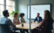 © happy - Defocused board meeting background behind glass wall. High quality