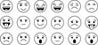 © PJ DeSign - Large set of black and white vector outline emoji icons displaying various emotions, including happy, sad, angry, surprised, laughing, and neutral faces for communication design.