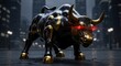 © RaNy - A robotic bull in a cityscape with illuminated buildings.