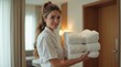 © Alex Pios - Attractive young maid in uniform delivering fresh towels and supplies to a hotel room
