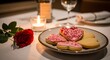 © MDMEHADI - Romantic table setting with heart-shaped cookies, a red rose, and a lit candle glowing