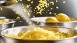 © SERHII - Lemon zest spray culinary dynamics from professional grater particles fanning perfect arc above stainless steel prep bowls kitchen action scene