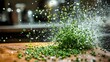 © VALENTYNA - Chive slice spray explosive motion wooden cutting board green herb pieces dynamic arc patterns blurred kitchen background natural lighting