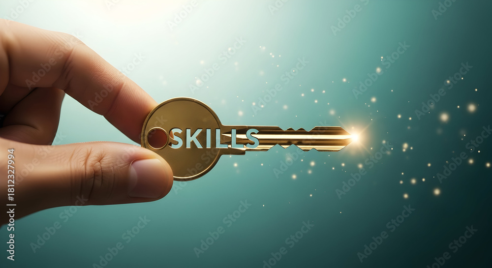 Hand holding a golden key with the word skills on it symbolizing the ...