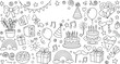 © Forest.Rox - Whimsical hand drawn illustration of a spooky halloween scene with ghosts and pumpkins under a full moon