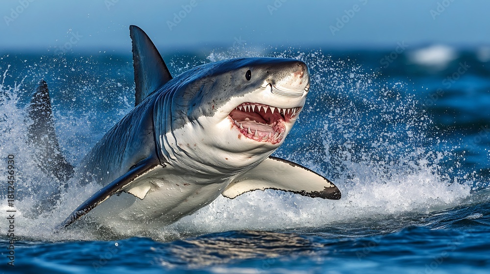 Great white shark breaching ocean surface with open mouth showing teeth ...