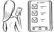 © jitendra - Woman checking email on smartphone and tablet, mobile inbox notification illustration, digital communication, online messaging, modern technology sketch vector art
