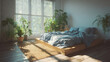 © imagepocket - A serene, sun-drenched bedroom features a low wooden bed with blue linen. Many houseplants by a large window create a peaceful, natural ambiance.