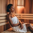 © InPa - A woman relaxing in a wooden sauna, wrapped in a white towel with her eyes closed