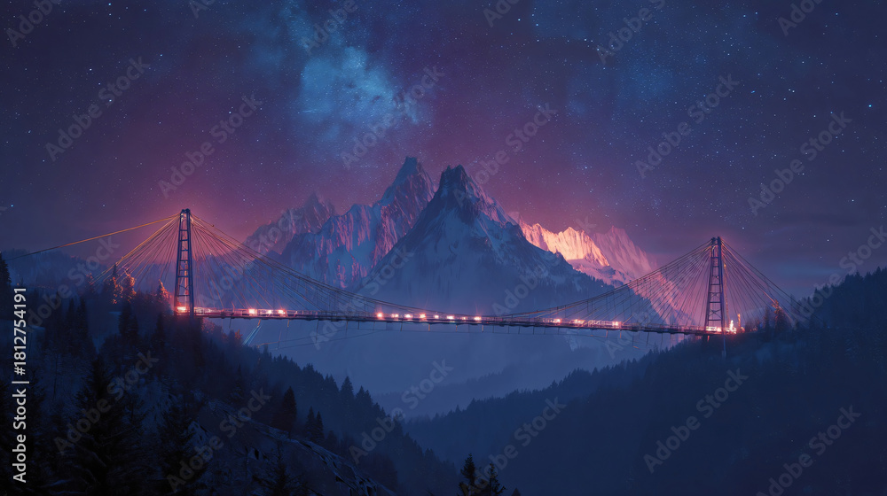 Photo Stock Night Bridge: A suspension bridge stretches across a valley ...