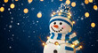 © PhotoArtHub - Illustration of a snowman wearing a blue and white hat and scarf, adorned with lights, against a dark blue snowy background, represents festive winter holiday