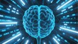 © jiale - Digital brain model illuminated in a futuristic tunnel with binary code and glowing lines