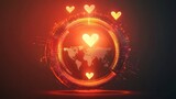 Digital globe with glowing heart icons representing global love