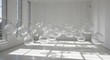 © Mst - Minimalist Art Installation of Clear Glass Orbs Hanging in Bright Room with Sunlight Reflecting off the Floor