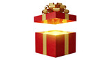 A magical red gift box with a textured gold ribbon and bow opens to reveal a mysterious bright light and sparkling particles, creating a sense of wonder and excitement