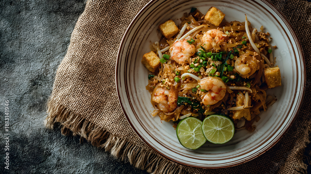 Pad Thai with shrimp and noodles on a plate on a gray background with ...