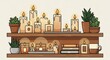 © Ariestia - Numerous illuminated wax containers and potted greenery decorate tiered wooden shelving