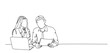 © pew - Continuous one line drawing businessman and woman having a discussion. Business activities concept. Single line draw design vector graphic illustration.Hand drawn one line vector. Editable stroke