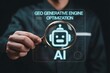 © Technology - Person using a magnifying glass to inspect an artificial intelligence robot head with the text geo generative engine optimization