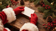 © miracle - Santa hand holding a blank card mockup on a wooden background with Christmas decorations