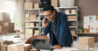 © DavidsPrime/peopleimages.com - Phone call, supply chain and man with laptop, smile and schedule for delivery. Person, business owner and entrepreneur with cellphone, distribution and pc with online shop, communication and shipping