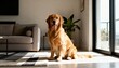 © Anim - friendly pet dog posing in bright apartment living room with sofa and houseplants