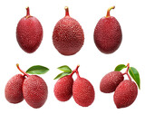 Set of lychees or salak with textured red skin and a green leaf, isolated on white transparent background