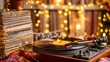 © Puckung - groovy Christmas Vintage record player with vinyl records and warm bokeh lights.