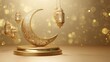 © walker - 3D rendering of a golden crescent moon podium with a hanging lantern for Ramadan Kareem celebration, set against a beige background with soft bokeh effect, offering copy space for festive Islamic