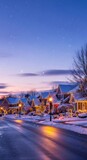 Residential street with houses decorated for Christmas and New Year. Winter evening scene with holiday lights and snow. Seasonal festive mood.