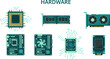 © Faisal - Illustration of various computer hardware components arranged horizontally under the title HARDWARE
