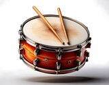 Wooden drum sticks and a realistic drum are suspended in the air on white.
