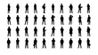 © grvect02 - Set of 40 Standing People Silhouettes. Diverse collection of men and women figures in various poses, including using phones and laptops. Vector illustration for design projects.