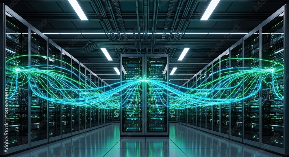 Futuristic data center with glowing fiber optic cables transferring ...