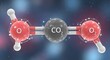 © Chandara - A molecule of CO2 with oxygen atoms in red and carbon atoms in white, surrounded by a blue and red gradient background with a blurred blue and red gradient background.