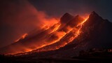 A series of mountains ablaze with wildfire at night, creating a dramatic and destructive scene of environmental devastation and natural disaster
