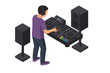 © icon_art - Person mixing music on professional DJ controller setup with large speakers in isometric view
