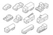 © icon_art - Black and white isometric line drawings of diverse transport and construction vehicles