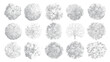 © Pixel Park - Fifteen top down view illustrations of various trees rendered in grey stippling on a white background