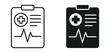 © Masuda Akthar - Medical report clipboard icon set in outline and silhouette style, representing healthcare documentation, diagnosis, and medical records, vector illustration.