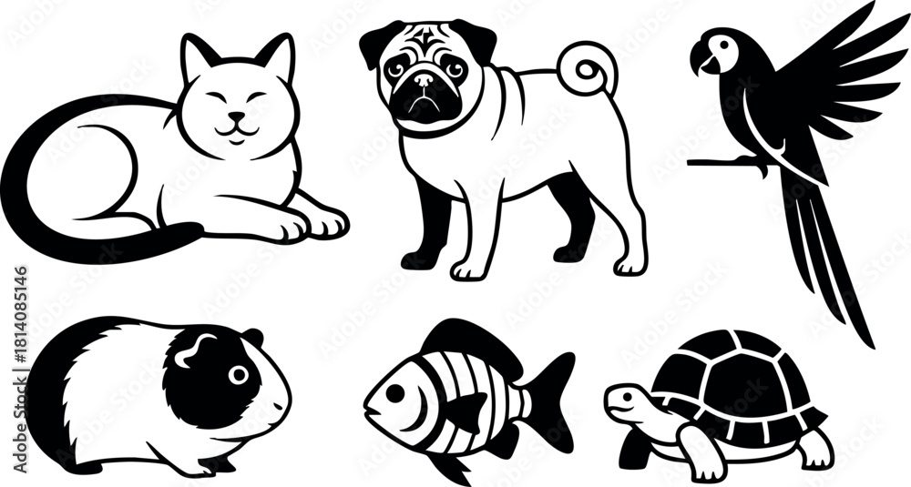 Pets Type Vector Vector set of six different pet animals including cat dog parrot guinea ...