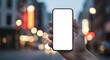 © youns - Primer plano de mano femenina sosteniendo un teléfono celular con pantalla en blanco, retención de teléfono, teléfono inteligente