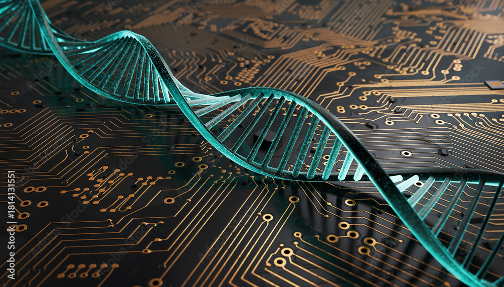3D render of a glowing DNA double helix structure resting on a dark ...