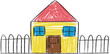 © Billal - Child's crayon drawing of a house with a fence, colorful vector sketch, naive art, simple home illustration, childhood memory, and primary color graphic