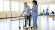 © QuiinL - A female physical therapist helps an elderly woman walk with a walker during a rehabilitation session in a bright clinic.