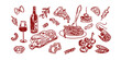 © Icon - Hand drawn crayon food illustration. Sketch style lunch or dinner, mediterranean. Vector of wine, charcuterie, spaghetti illustrations for invitations, menus, parties. La dolce vita italian style