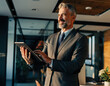 © Pixel Alchemist - Middle aged businessman smiling using tablet in modern office lit by warm light, confident professional working with digital device