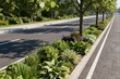 © zou - A detailed, low-angle shot of a meticulously maintained roadside median featuring diverse lush green and variegated plants under sunlight. This image highlights urban landscaping and growth.
